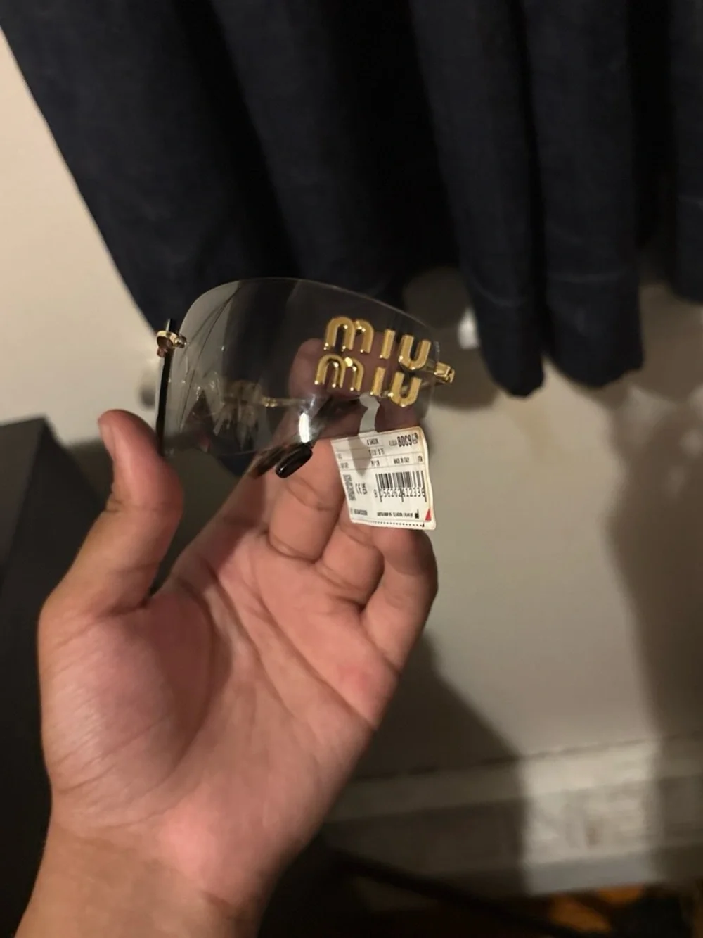 Miu Miu Gold-Logo Shield Sunglasses with Smoke Lens